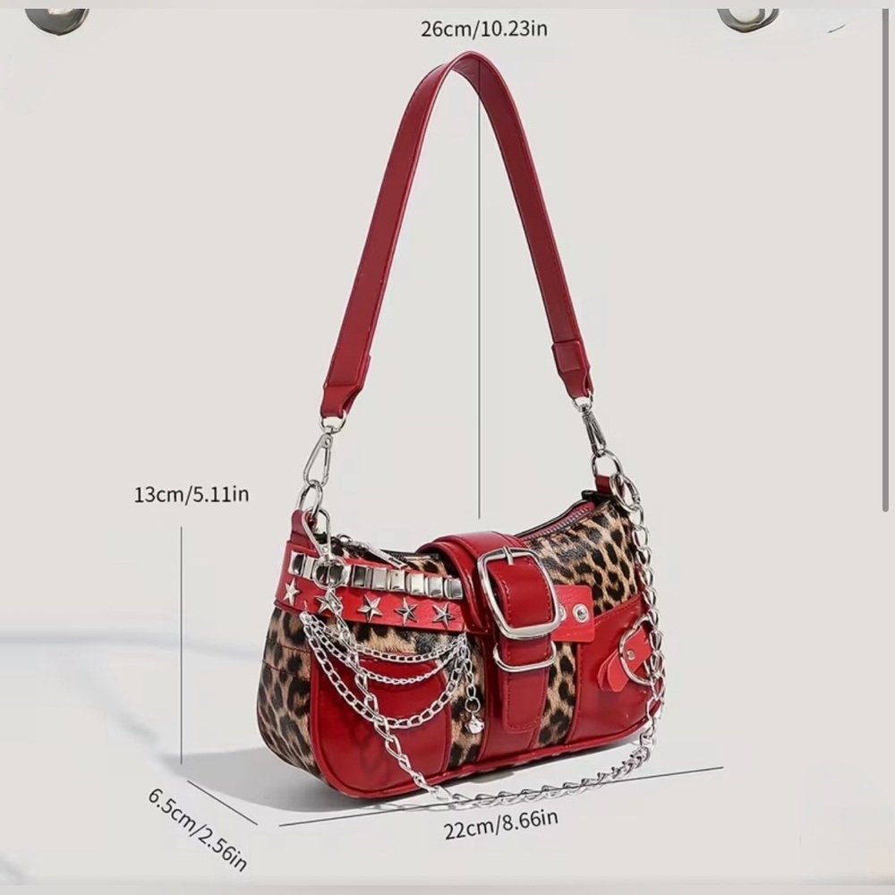 Y2K Leopard Print Shoulder Bag Red Studded Chain Punk Grunge Purse - NEW - Picture 7 of 9